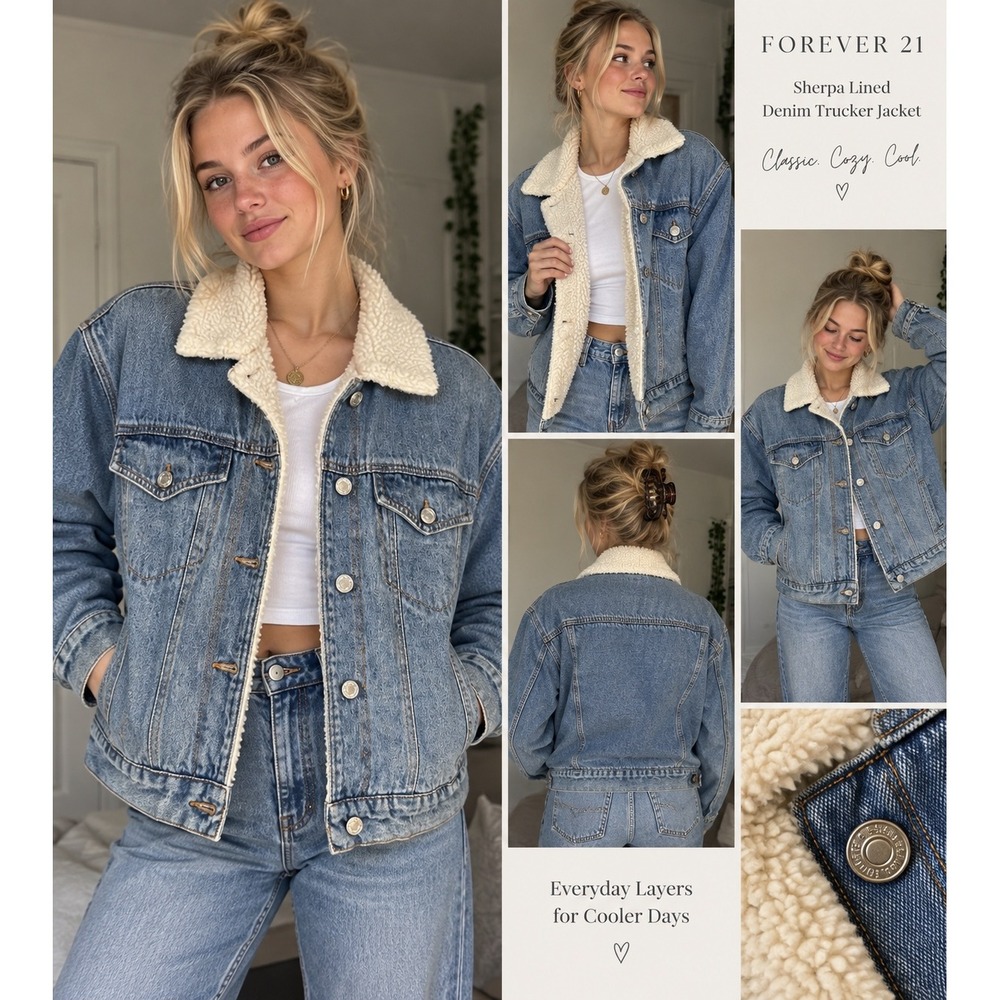 Sherpa Lined Denim Trucker Jacket Medium Wash Blue Women's Small Streetwear